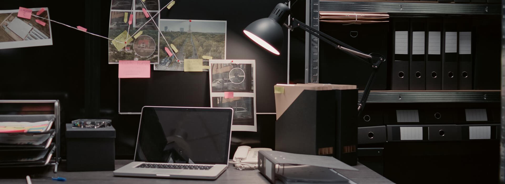 Ein Arbeitsplatz Mit Laptop, Tischlampe, Ordnern Und Fotos An Der Wand, Die Mit Fäden Verbunden Sind mob Ein Arbeitsplatz Mit Laptop, Tischlampe, Ordnern Und Fotos An Der Wand, Die Mit Fäden Verbunden Sind