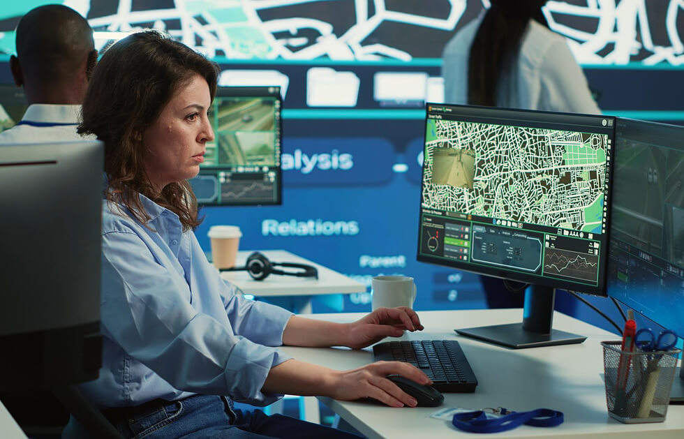 Frau Arbeitet Mit Kartensoftware Am Computer